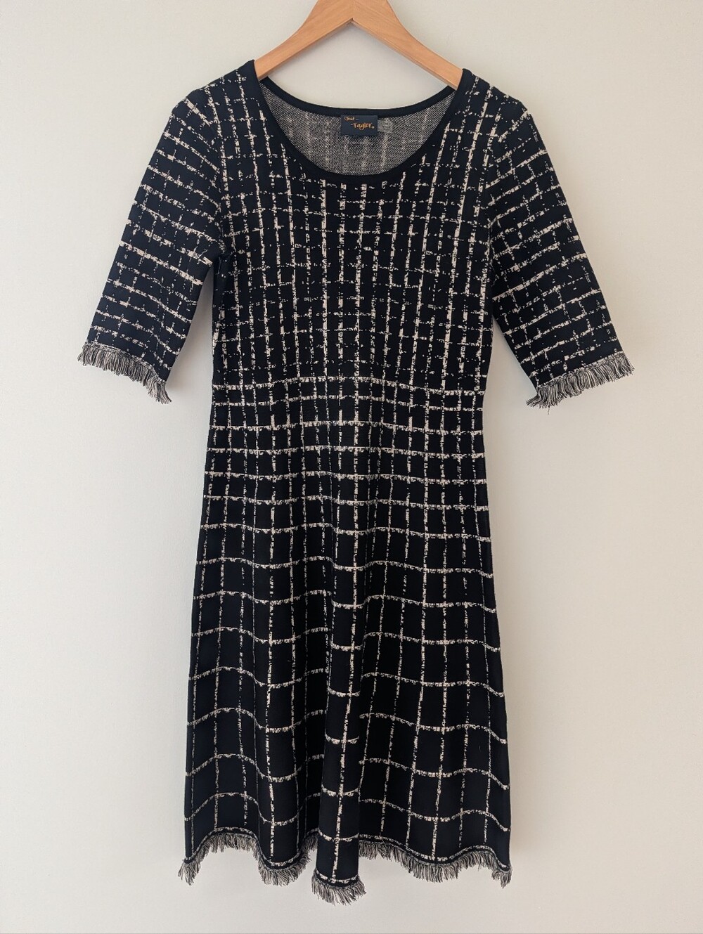 Just Taylor M Black White Fringe Tweed Knit Fit & Flare Dress Quiet Luxury
